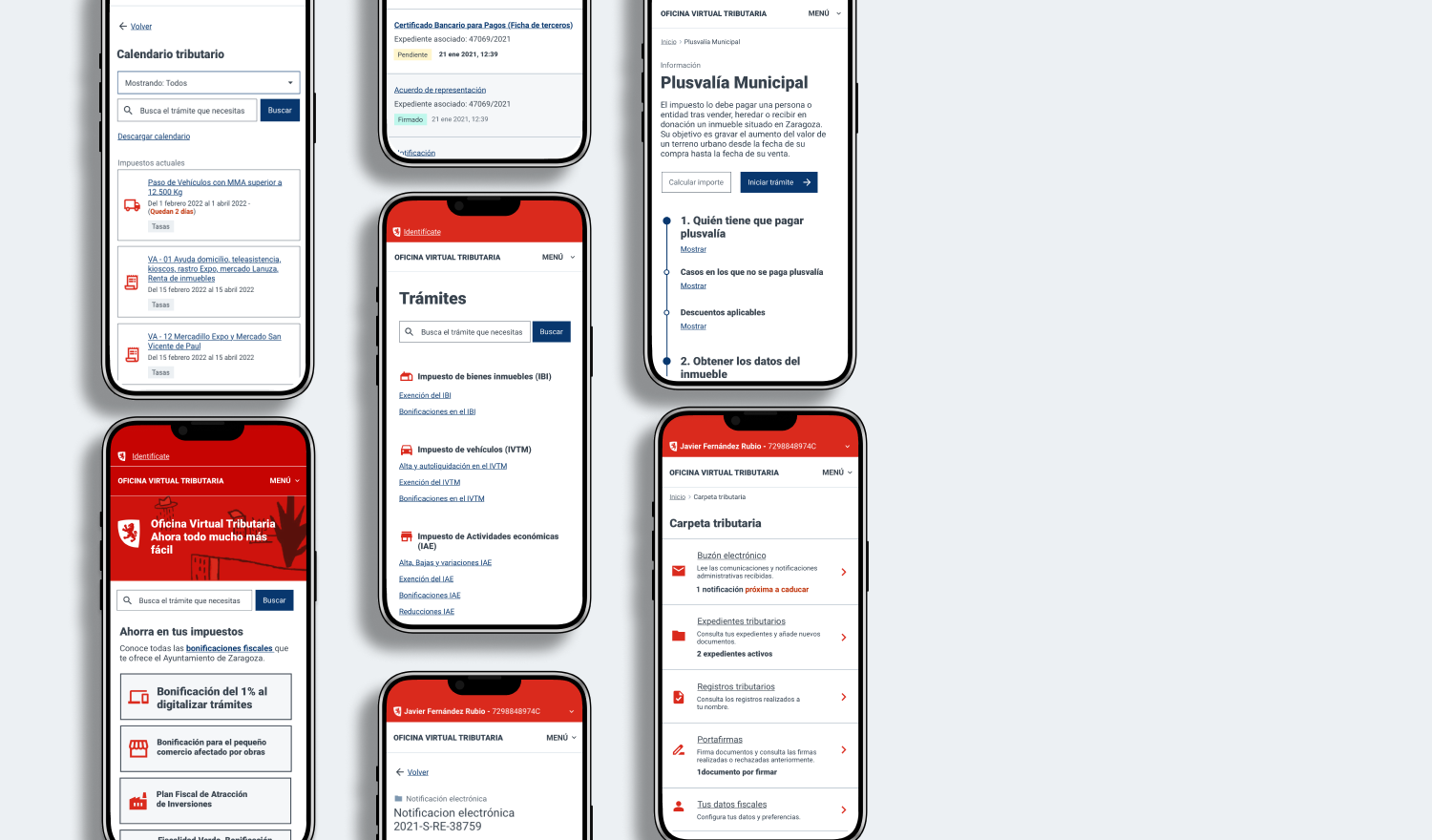 Diferentes pantallas de la aplicación web de la Oficina Virtual Tributaria