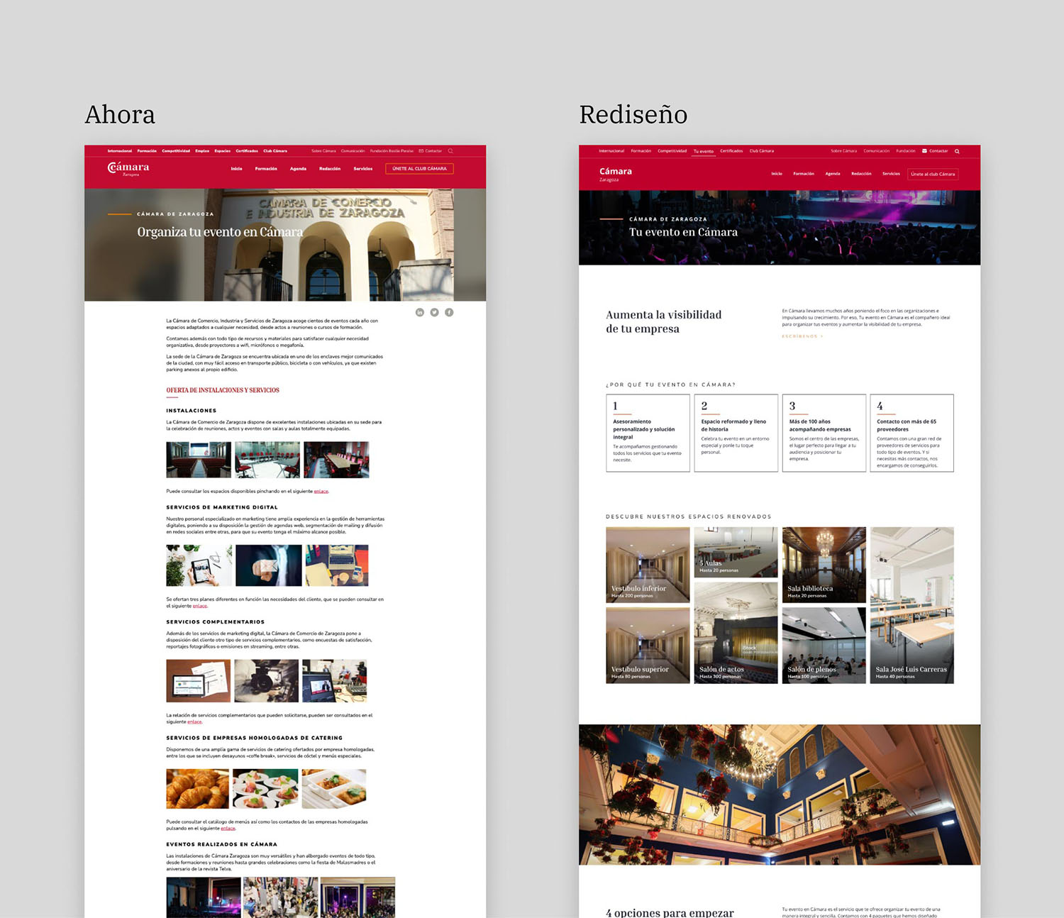 Web de cámara de comercio y prototipo del nuevo diseño