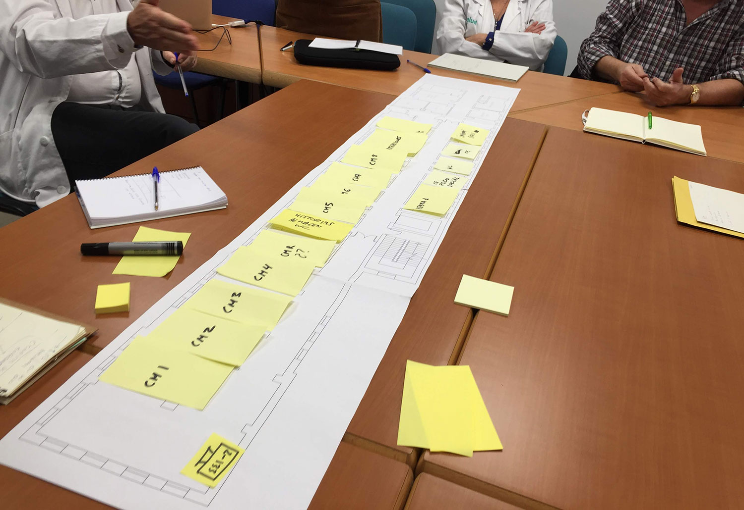 Equipo reunido trabajando en los nuevos planos de la planta de oncología.