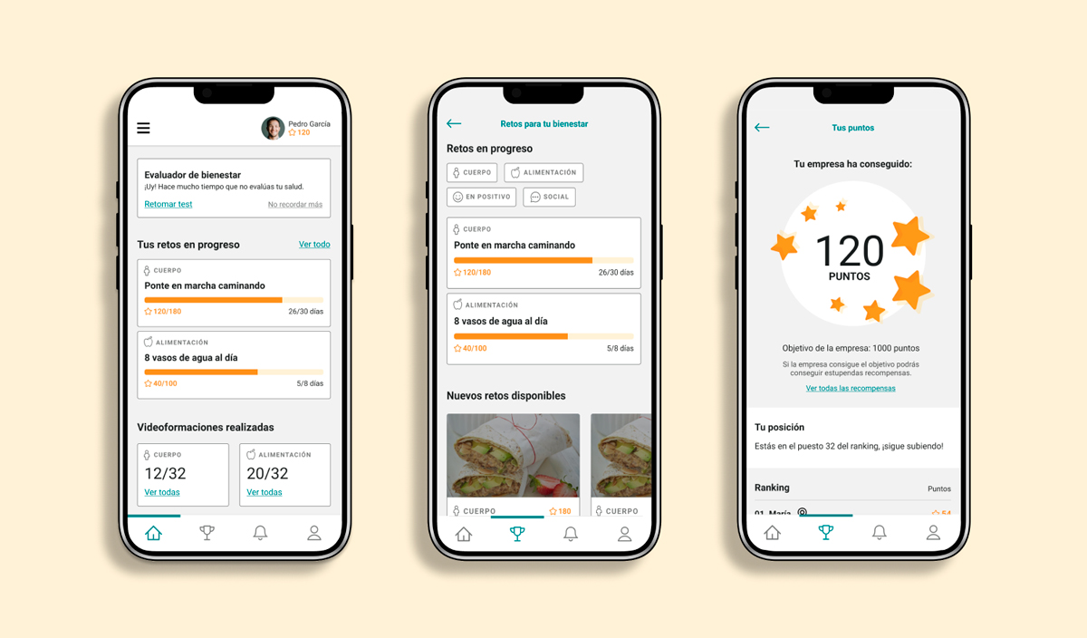 Tres wireframes para la aplicación en dispositivos móviles