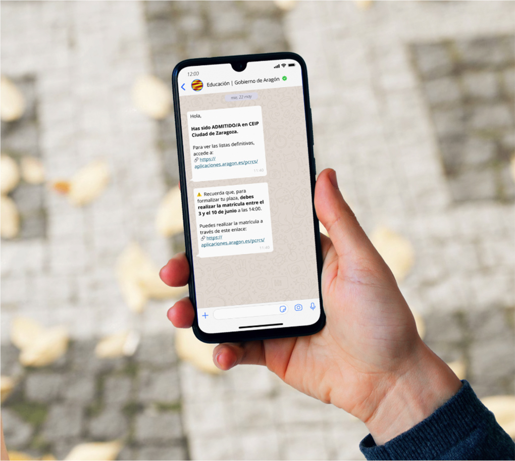 Una mano sujeta un teléfono móvil en el que hay una conversación de Whatsapp abierta con Educación