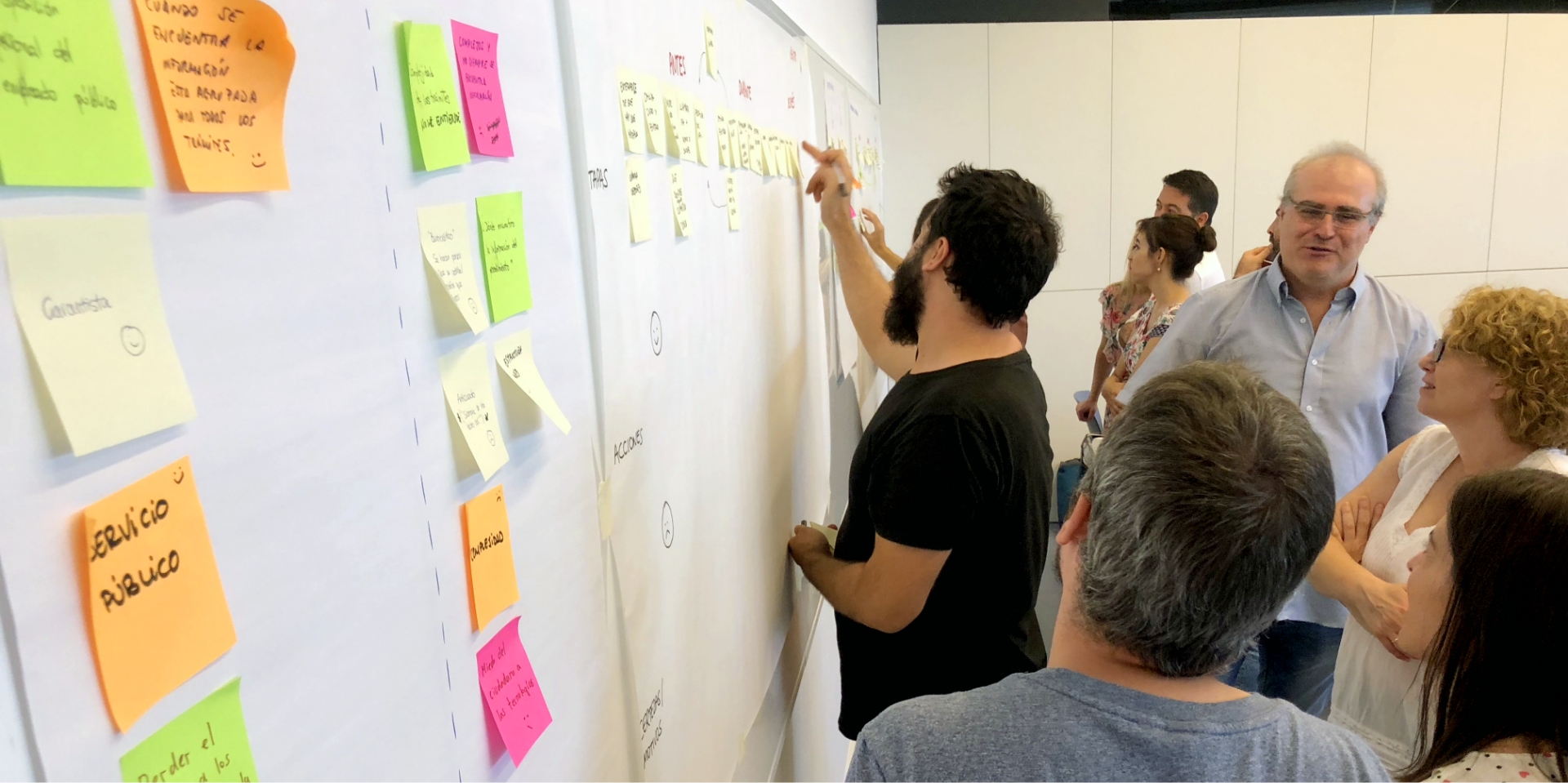 Pizarra con post-its y gente escribiendo en un taller de servicios públicos y sus servicios digitales.