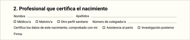 Campos de datos y casillas de la persona que atiende el parto