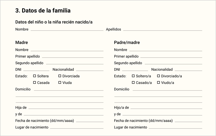 Apartado para los datos de la familia del formulario